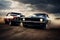 Two muscle cars race on high speed. Generative AI