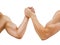 Two muscular hands clasped arm wrestling, isolated