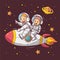 Two muslim astronaut kids riding a rocket
