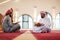 two muslim people in mosque reading quran together concept of islamic education