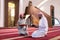 two muslim people in mosque reading quran together concept of islamic education