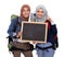 Two muslim woman backpacker with blackboard
