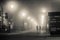 Two mysterious people are walking along a foggy road in the light of night lamps