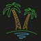 Two neon palm trees on a small island. Black background, logo