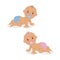 Two newborn babies crawling on all fours in diapers.