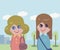 Two nice friend girls a blonde and a brunette walk together in a park in the city under a blue sky vector cartoon illustration