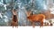 Two noble deer males with females against the background of a beautiful winter snow forest. Artistic winter landscape.