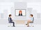 Two office workers sitting at the table cartoon character. Vector illustration of online conference.