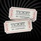 Two old-fashioned cinema tickets on dark sunburst monochrome background. All layers separated and can be edited