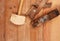 Two old planer and Mallet on a wooden table. Top view .