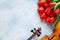 Two Old violins and bouquet of red tulips. Valentine day, 8 March concept. Top view, close-up on blue sky concrete background