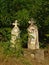 Two old worn wooden grave tombs hidden between trees and shrubs