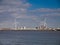 Two onshore wind turbines on the north bank of the River Mersey at Liverpool in the north west of the UK.