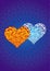 Two openwork colorful hearts on a blue background. Vector picture.