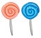 Two orange and blue-colored cartoon lollipops/Candy vector or color illustration