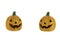 Two orange ceramic pumpkins with eyes, nose and isolated mouth on a white background