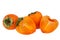 Two orange persimmons fruits or diospyros kaki and two halves of one persimmon on white background isolated close up