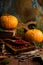 Two orange ripe pumpkins on wooden boards with cowberries, leaves, sackcloth, old scissors