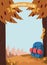 Two orange trees with cones frame the illustration, a squirrel came down to look at a hiking blue backpack with a sleeping bag