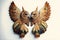 two owls are made of wood and metal with intricate designs on their wings and wings are painted gold and blue and green, an