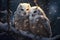 Two owls sitting on a branch in the snow by moon light. Winter greeting card design, wintertime background with copy space, place