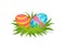 Two painted eggs on green grass. Happy Easter. Cute holiday composition. Spring season. Flat vector icon