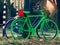 Two painted multi-colored bicycles with a soft toy heart, winter outdoors in the evening. Romantic Valentine day, concept