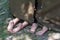 Two pairs of bare feet sticking out of the tent. Camping. Outdoor recreation