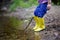 Two pairs of color children`s gumboots standing children