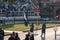 Two Pakistani men wave flags and hype up the crowd for the Wagah Border Closing Ceremony with