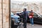 Two Palestinian traffic police officers issue a parking ticket near to the Church of Nativity in Bethlehem in Palestine