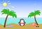 Two palm trees and a cute smiling penguin wearing sunglasses on a sandy island in the sea