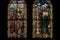 two-panel mosaic and stained glass window, with religious figures depicted in both panels