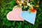 Two paper hearts on the grass