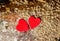 Two paper red hearts in Pinna nobilis, noble pen shell in hand, macro photography, closeup