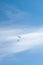 Two parachutists soar on colorful parachutes across the boundless blue sky against the background of white fluffy clouds