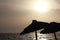 Two parasols on sunrise at beach