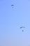 Two paratroopers descend against a blue sky