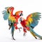 Two parrots fight each other on a white background close-up,