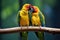 two parrots sitting together on a branch