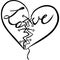Two parts of a heart sewn together with a thread with the inscription love sketch vector illustration