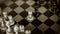 Two pawns - black and white. Wooden chess pieces on the chessboard, top view