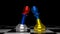 Two pawns with the color of the Ukrainian and Russian flags on a chessboard symbolizing war.