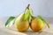 Two pears on one stalk with leaves. With drops of water, lit by the sun on wooden background. Paired fruits