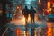 Two pedestrians strolling through a rainy city street at midnight