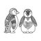 Two penguins doodle design for coloring book for adult , T - shirt design and other decorations