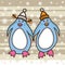 Two penguins dressed in hats walking together