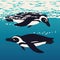 Two penguins floating in the sea water. Antarctic birds swimming in ocean, looking to each other. Vector illustration of