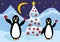 Two penguins in ice mountains with christmas tree, cute christmas card with animals playing with christmas balls