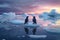 Two penguins stand on melting ice in Arctic Ocean at sunset. Generative AI